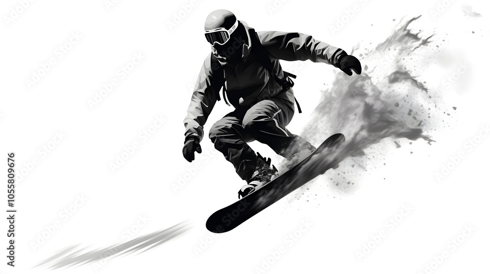 A snowboarder races down a snowy slope, maneuvering on a steep mountain slope. Emblem concept for advertising winter extreme sports A snowboarder races down a snowy slope, maneuvering on a steep mountain slope. Emblem concept for advertising winter extreme sports