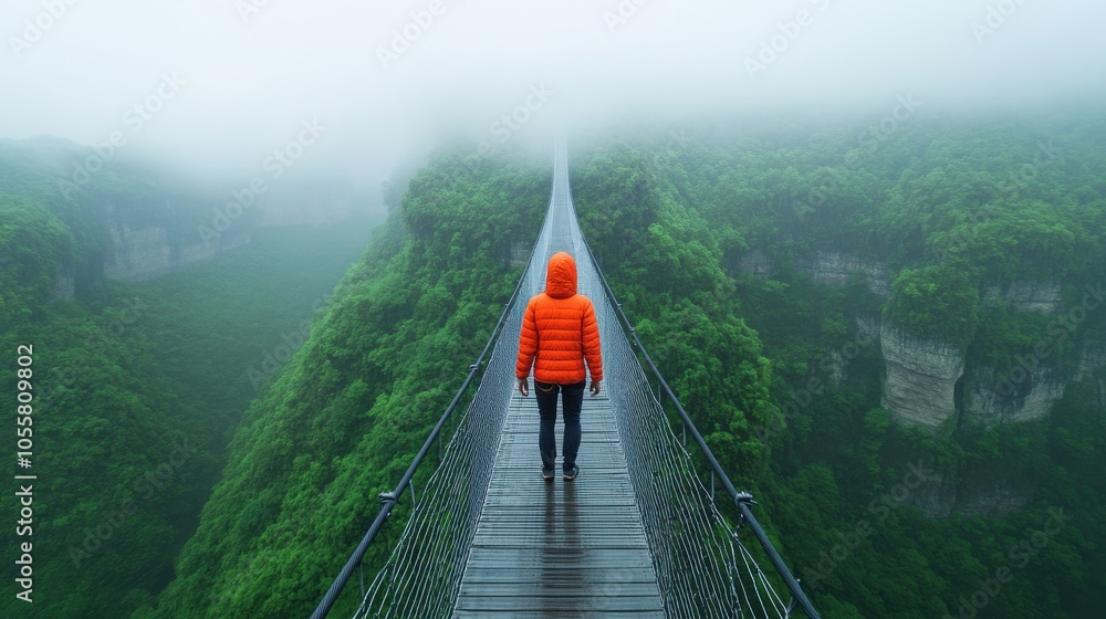 Obraz premium Climber on Narrow Suspension Bridge in Misty Mountains