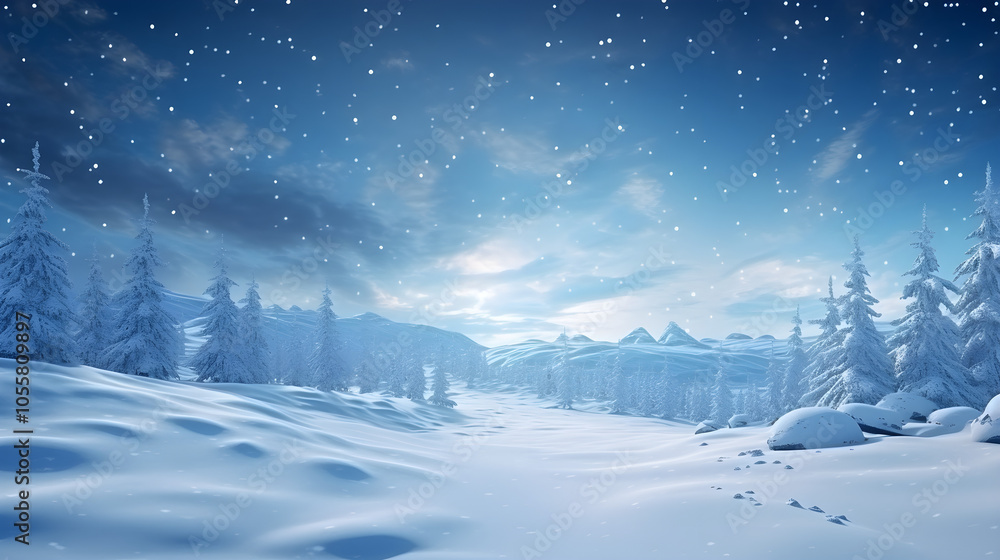 Fototapeta premium A cozy little house near a stream in the midst of snowy mountains. The mesmerizing winter landscape, enveloped in a fairy-tale atmosphere, fascinates with its peace and beauty.