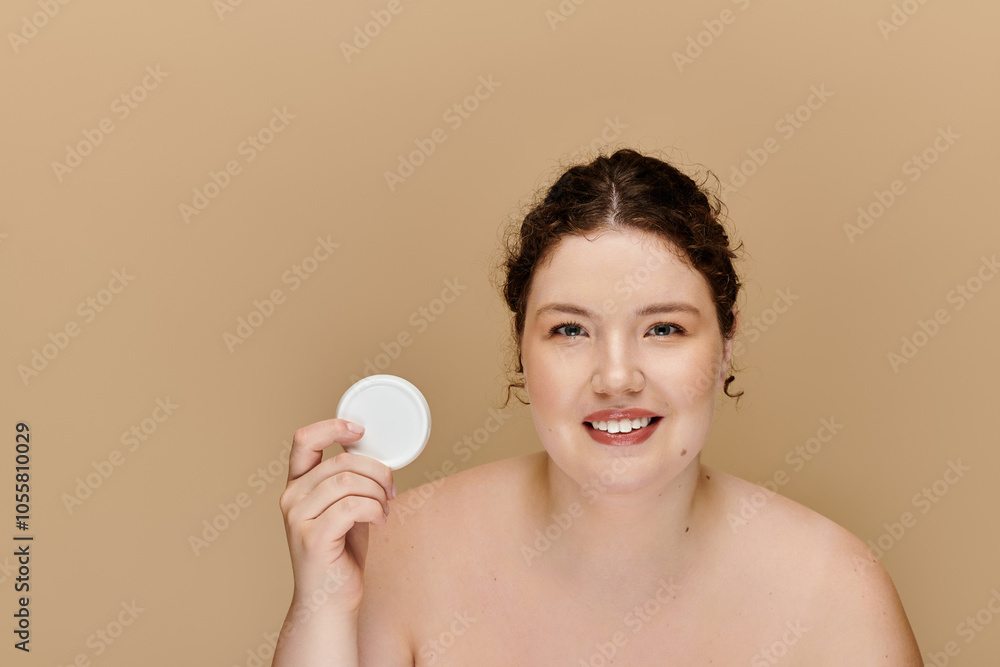 A beautiful plus size woman smiles brightly, embracing confidence with a skincare product. A beautiful plus size woman smiles brightly, embracing confidence with a skincare product.