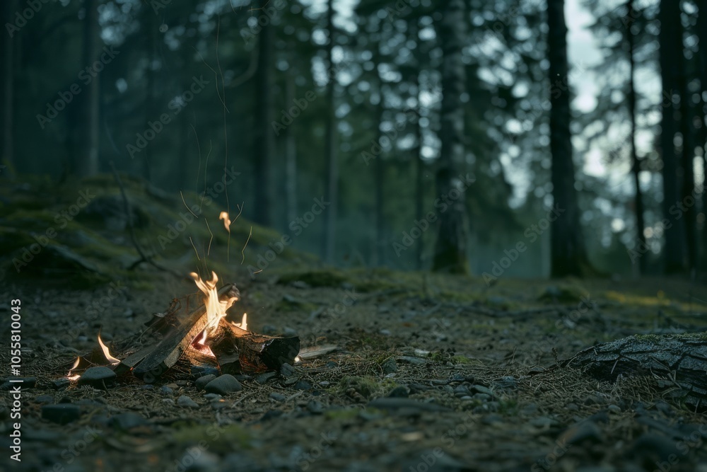 A small campfire crackles on a forest floor, surrounded by tall, misty trees, creating a serene escape into nature.