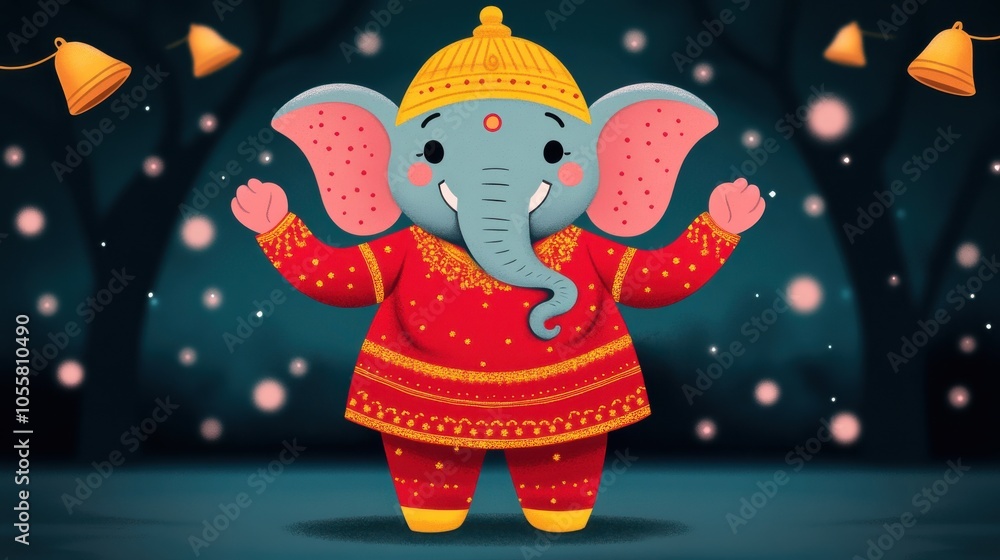 Fototapeta premium Joyful Cartoon Ganesha Dancing in Festive Atmosphere