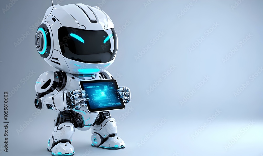 Charming 3D robot with a tablet, glowing interface, vibrant colors, playful design, showcasing futuristic technology and creativity. Charming 3D robot with a tablet, glowing interface, vibrant colors, playful design, showcasing futuristic technology and creativity.