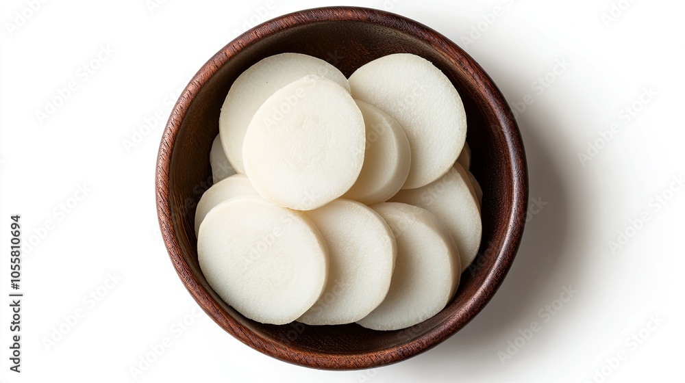 Sliced daikon in a bowl, top view, white background, isolated Sliced daikon in a bowl, top view, white background, isolated