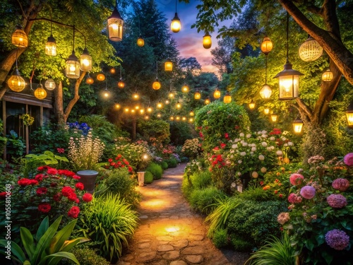 Enchanting Nighttime Garden with Paper Lanterns Illuminating a Serene Atmosphere