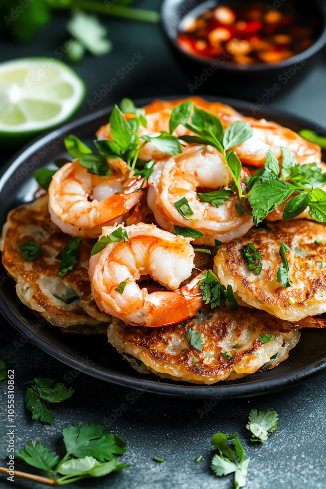 Delicious banh khot mini savory pancakes topped with fresh shrimp and herbs Delicious banh khot mini savory pancakes topped with fresh shrimp and herbs
