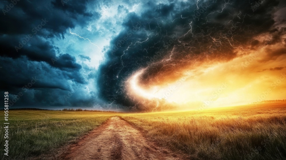 Stormy sky meets vibrant sunset on a winding country road Stormy sky meets vibrant sunset on a winding country road