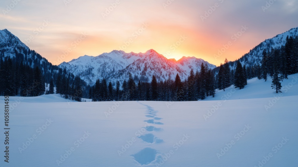 Colorful Rainbow Over Snowy Mountain Landscape Colorful Rainbow Over Snowy Mountain Landscape