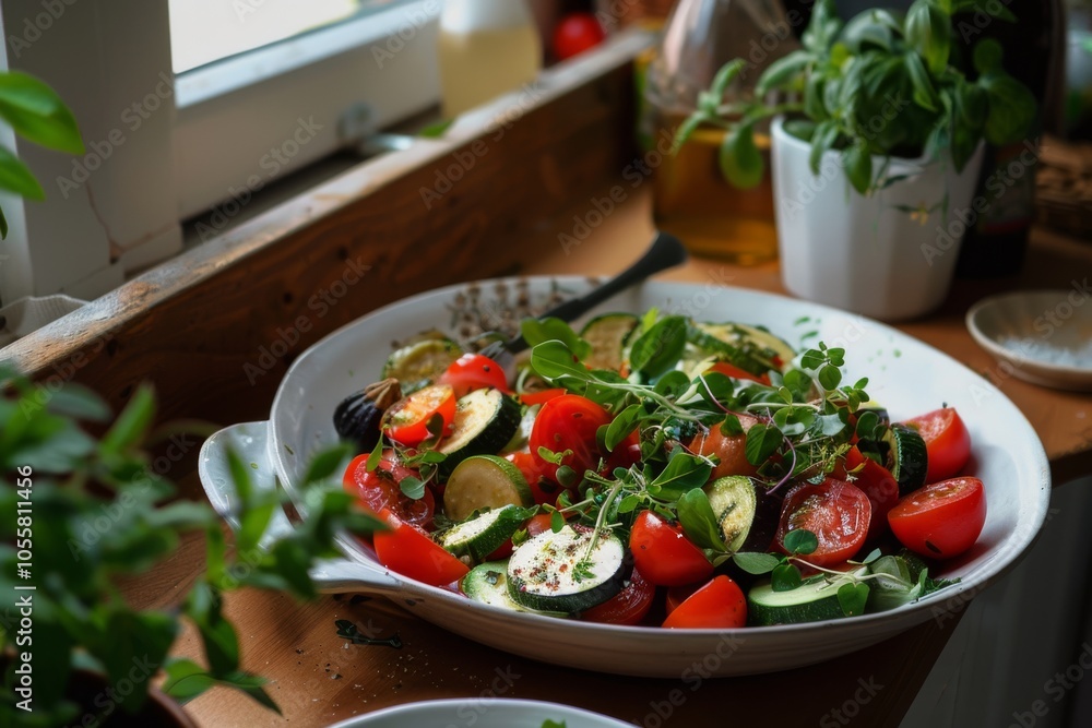 A vibrant bowl of fresh salad, featuring tomatoes, zucchini, and greens, sits on a windowsill, infused with sunlight and surrounded by potted plants. A vibrant bowl of fresh salad, featuring tomatoes, zucchini, and greens, sits on a windowsill, infused with sunlight and surrounded by potted plants.
