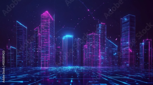 Futuristic cityscape with neon lights and digital elements.