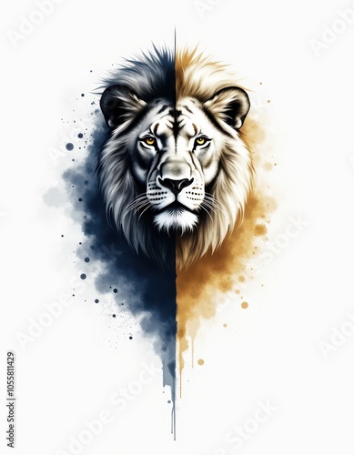 A majestic lion's face is depicted in this digital artwork, with its mane bisected by a dramatic line of blue and gold watercolor photo