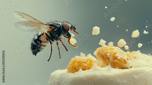 A Fly Hovering Over White Cream and Orange Fruit Pieces photo