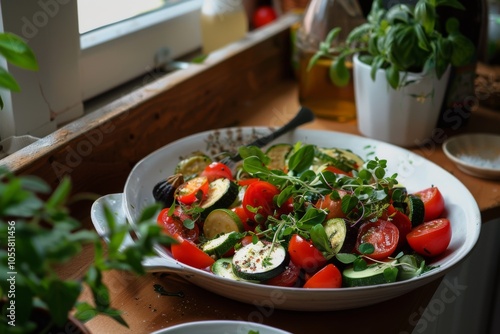 A vibrant bowl of fresh salad, featuring tomatoes, zucchini, and greens, sits on a windowsill, infused with sunlight and surrounded by potted plants.