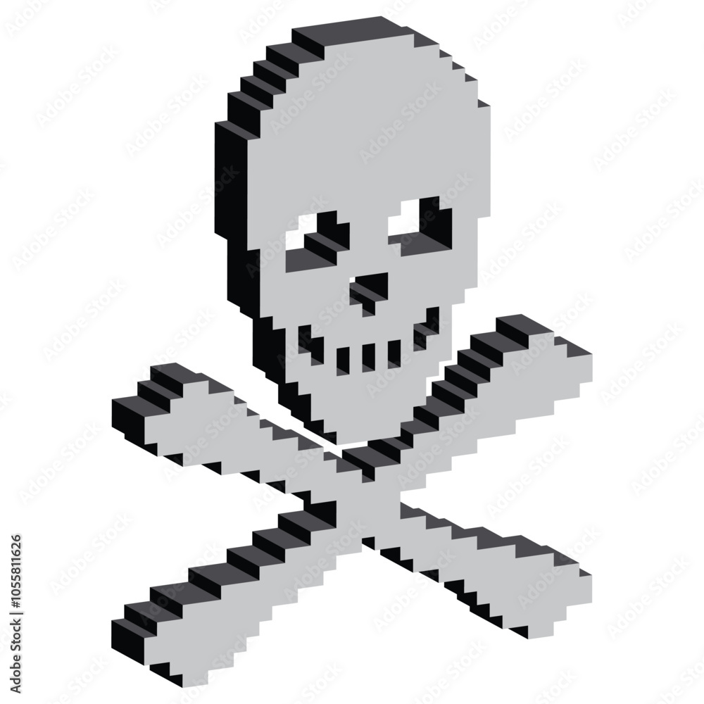 Fototapeta premium isometric Skull and bones icon 8 bit, pixel pirate icon for game logo.