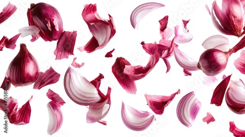 Slices of red onion falling in the air, isolated on white background