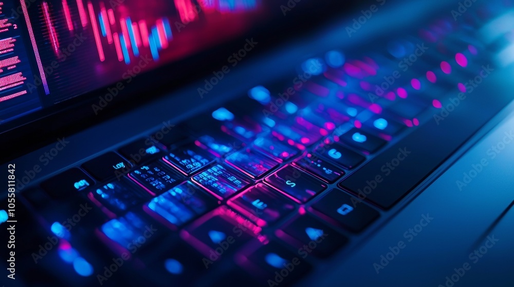 Close-up of a glowing keyboard with neon blue and pink lights Close-up of a glowing keyboard with neon blue and pink lights