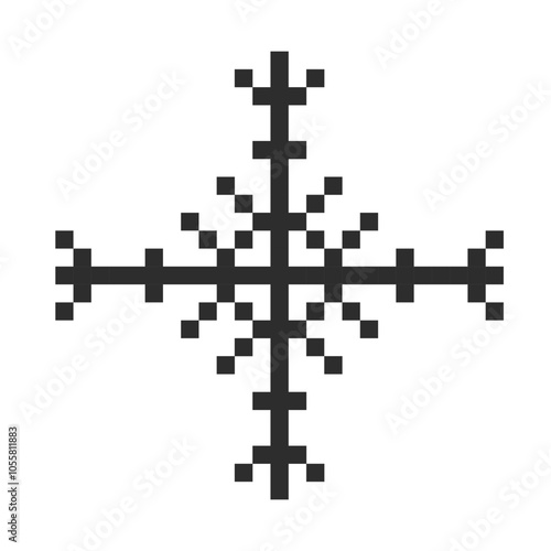 Pixel snowflake winter retro pixilated 8 bit game stamp. Holiday flake ornament. Simple crystal ornament. 