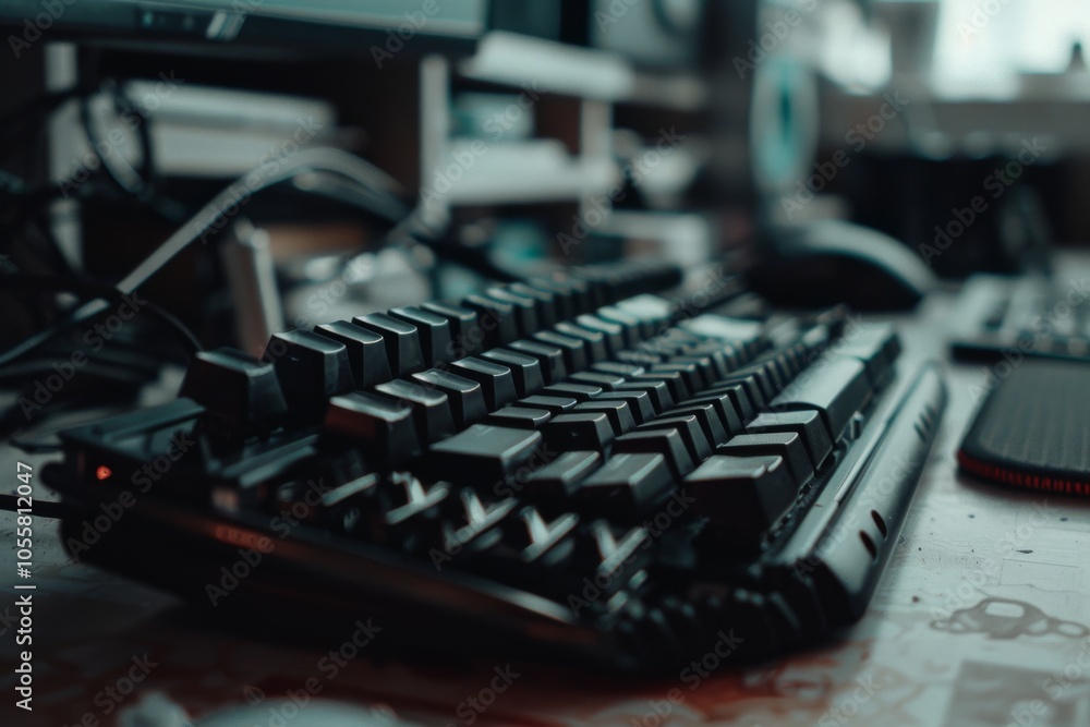 In a dimly lit room, a keyboard lies amidst organized chaos, hinting at creative endeavors and the digital world of technology and innovation. In a dimly lit room, a keyboard lies amidst organized chaos, hinting at creative endeavors and the digital world of technology and innovation.