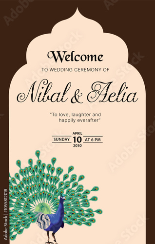 Hindu wedding card design containing traditional peacock and pillars for marriage ceremony of haldi mehndi and vivah