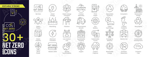 Net Zero Stroke icon collections. Containing Green Energy, Carbon Neutrality, Think Green, Ecosystem, Carbon Footprint, Wind Power, Renewable, and Sustainability icons. Editable Stroke icon collection