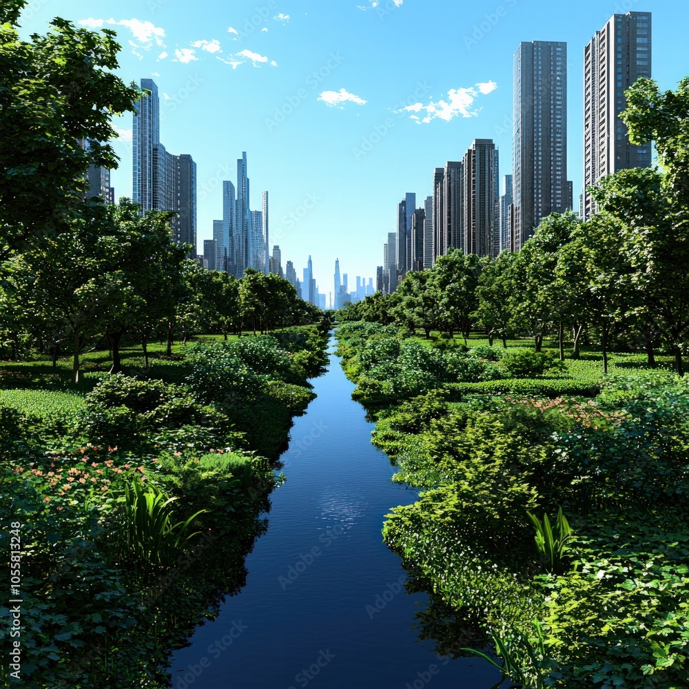 Fototapeta premium Harmonious Fusion of Nature and Modernity in a Vibrant Urban Landscape