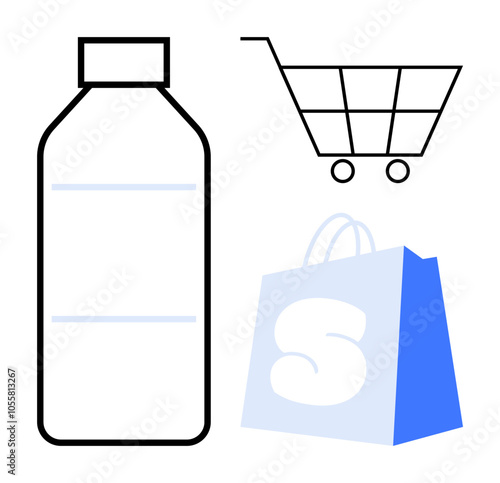 A simple drawing of a bottle, a cart, and a bag. Ideal for retail stores, online shopping, marketing, groceries, consumer goods. Clean lines and modern style