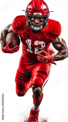 Dynamic action shot of American football player in red uniform, running forward with intense focus, isolated on white background