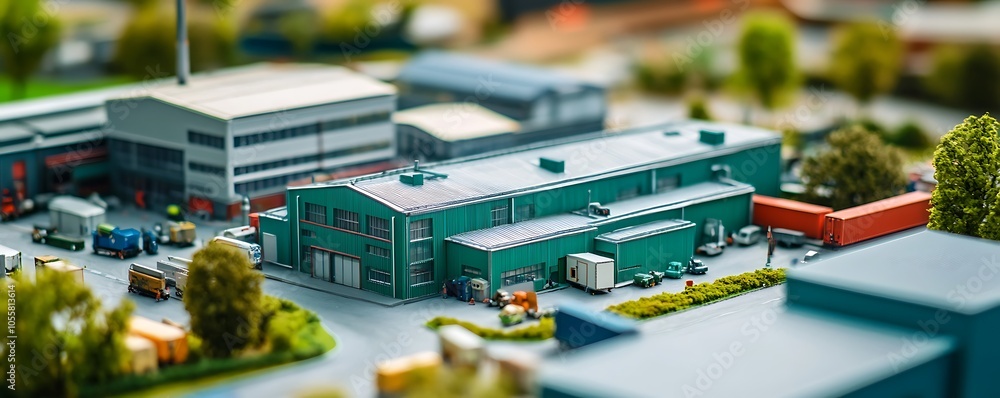 A miniature industrial complex with buildings, trucks, and greenery, showcasing model craftsmanship. A miniature industrial complex with buildings, trucks, and greenery, showcasing model craftsmanship.