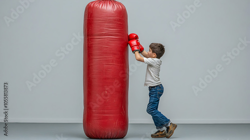 un niño pequeño practicando boxeo pegandole y boxeando con el costal aprendizaje de deporte y disciplina photo