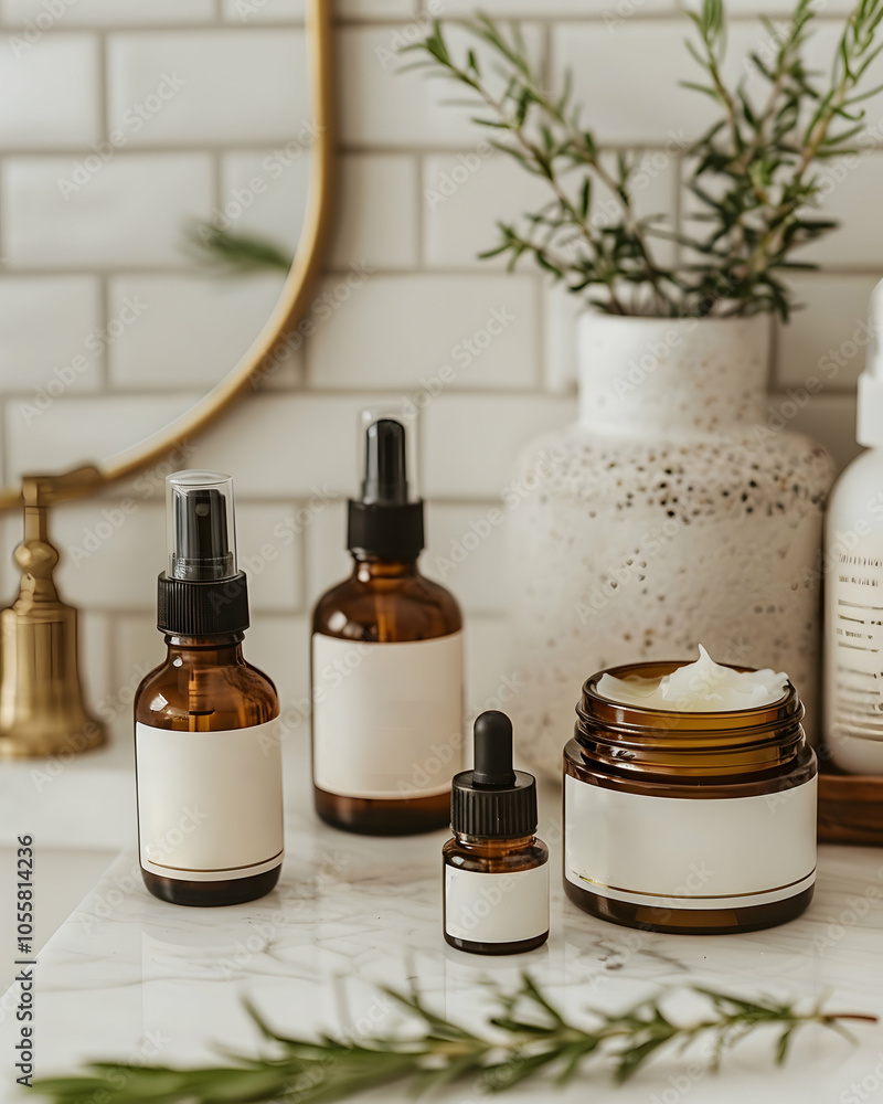 A set of skincare products, including a moisturizer, a serum and a face mask, arranged on a modern bathroom counter. The background is white tiles with gold details, and the lighting is bright and nat A set of skincare products, including a moisturizer, a serum and a face mask, arranged on a modern bathroom counter. The background is white tiles with gold details, and the lighting is bright and nat