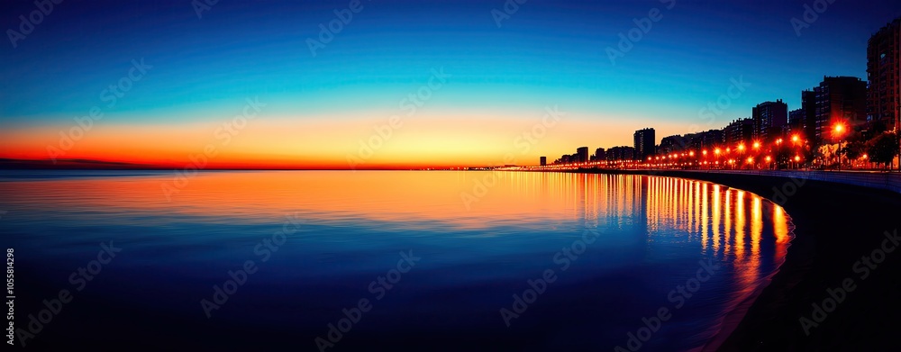 Fototapeta premium Panoramic shot of a coastal city at night, with the ocean reflecting the lights from buildings and street lamps, creating a serene and picturesque scene
