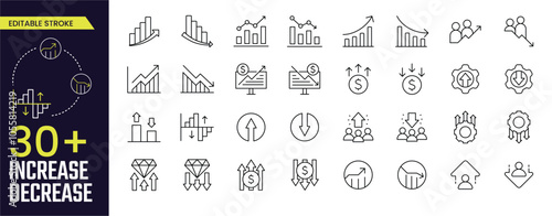 Increase and Decrease Stroke icon collections. Containing Increase, Decrease, Growth, Fall, up, down icons. Editable Stroke icon collections.
