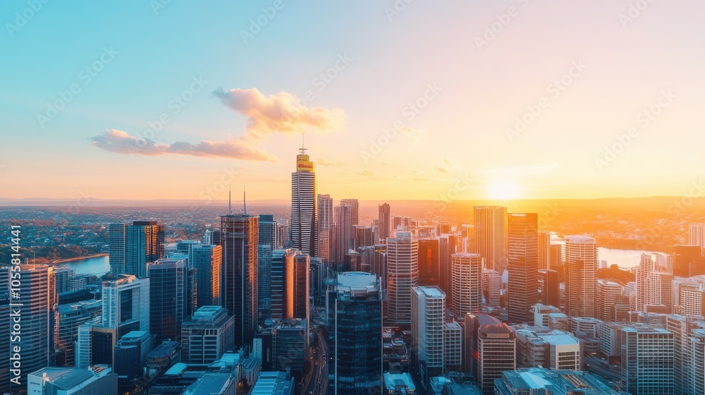 Fototapeta premium Stunning Cityscape with Rainbow at Sunset