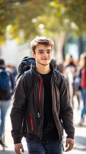 Confident young man in casual autumn attire strolls through bustling urban area, surrounded by blurred figures and golden foliage, exuding warmth and approachability.