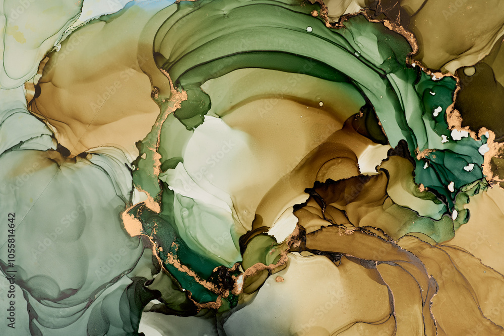 Naklejka premium Currents of translucent hues, snaking metallic swirls, and foamy sprays of color shape the landscape of these free-flowing textures. Natural luxury abstract fluid art painting in liquid ink technique