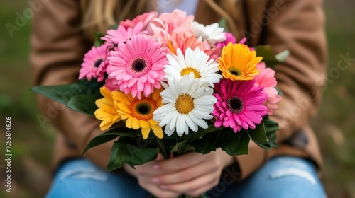 Person holding vibrant bouquet of gerbera daisies