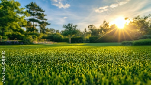 Green Grass Lawn with Sunset