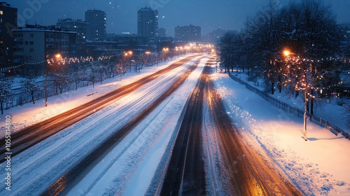 Snowcovered city at night with holiday lights adorning the streets and buildings, creating a festive and enchanting winter scene