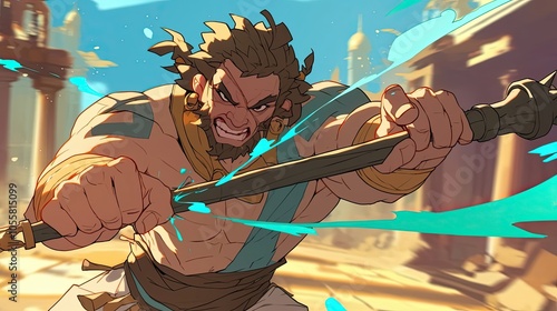 A Muscular Animated Male Character Gripping a Weapon with Blue Streaks Around Him photo