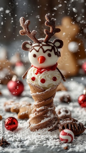 Wallpaper Mural Whimsical reindeer ice cream cone creation with chocolate antlers and red nose, surrounded by festive ornaments and falling snow in a magical winter scene. Torontodigital.ca