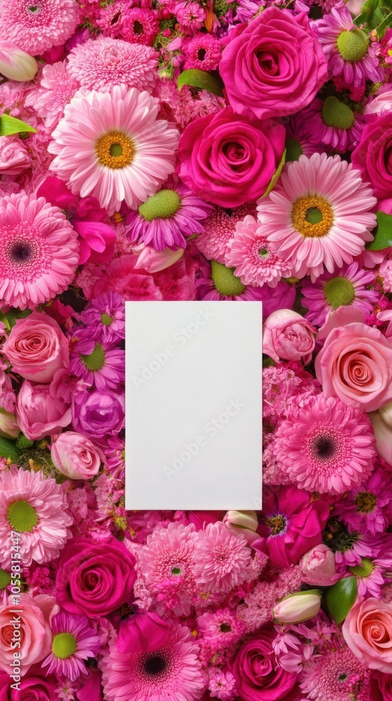 Vibrant floral arrangement with empty white card for message Vibrant floral arrangement with empty white card for message