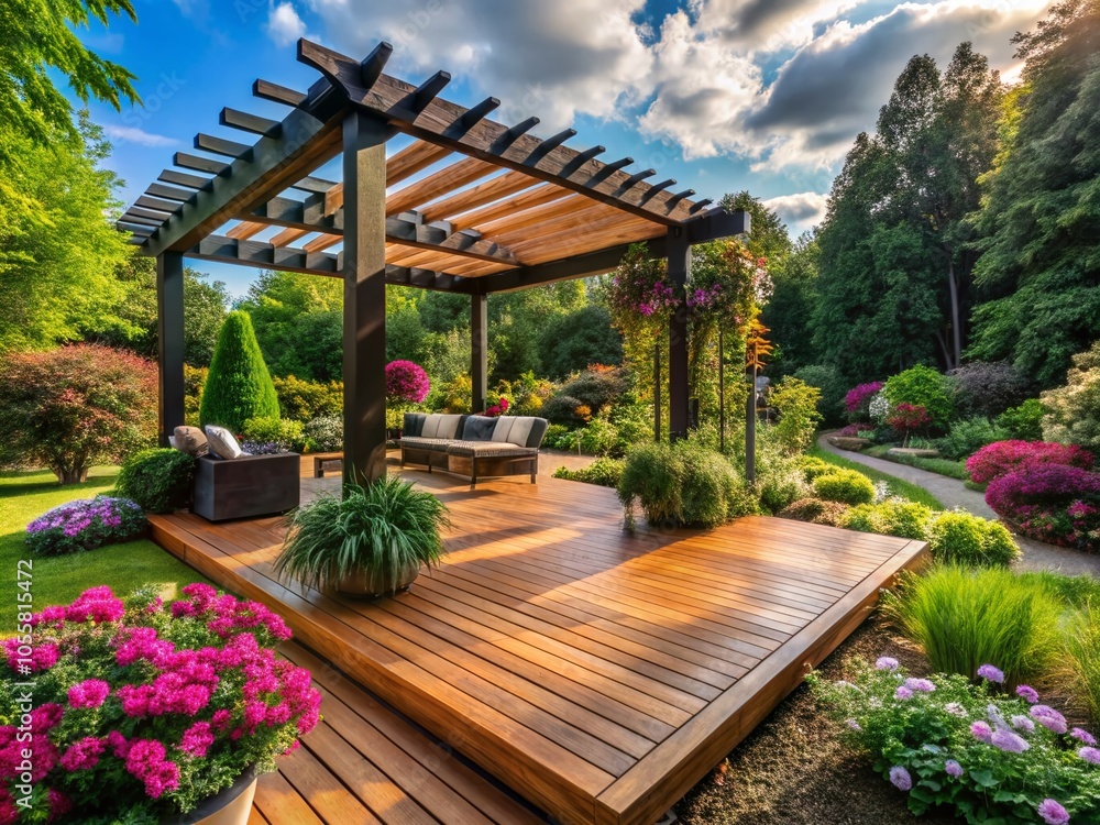 Exquisite Teak Wood Deck with Black Pergola in Luxurious Garden Setting - High Depth of Field Photography Exquisite Teak Wood Deck with Black Pergola in Luxurious Garden Setting - High Depth of Field Photography