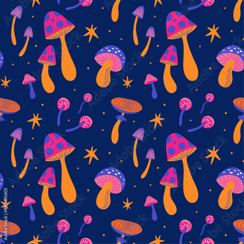 Seamless pattern with various mushrooms in retro cartoon groovy hippie funky bold style. Different types of fungi vector illustration. Psychedelic abstract colored shrooms for wrapping paper design