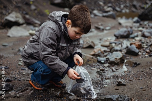 Focused child collects stones on a rocky beach, immersed in nature's wonder on a chilly day, wearing a grey jacket and orange shoes.