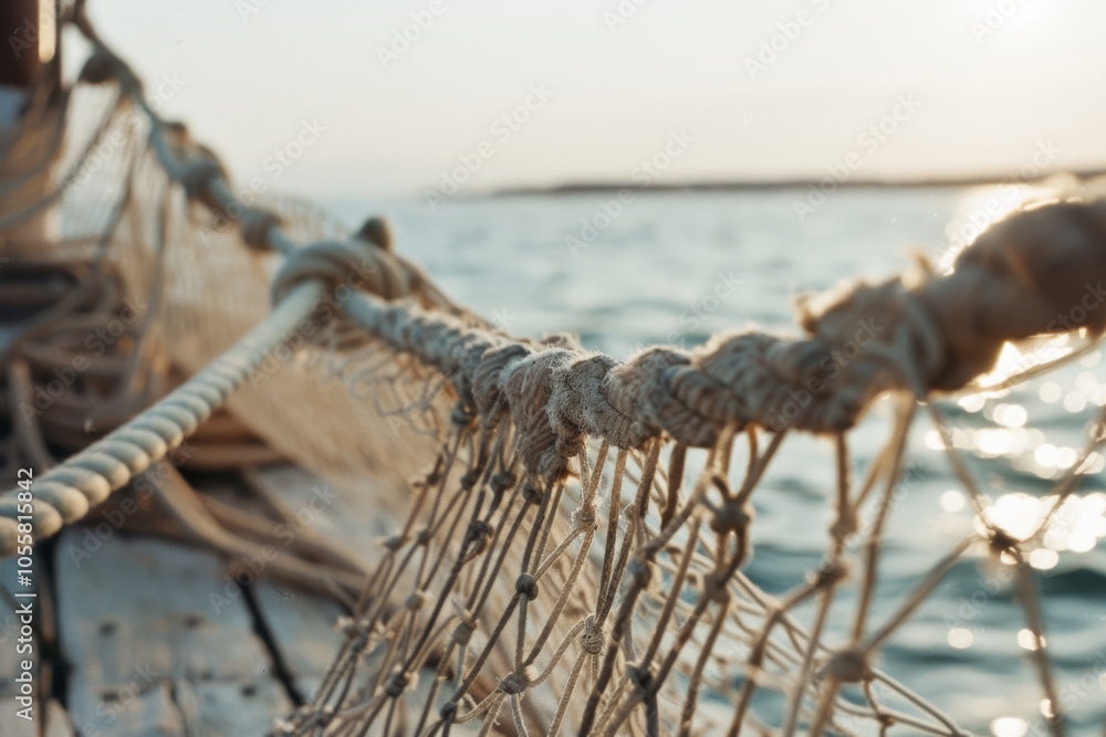 Obraz premium Worn fishing nets drape over a wooden boat, gently swaying against a serene seascape as the golden hour casts a tender hue.