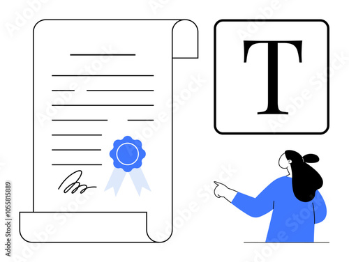 Certificate with blue seal, signed, large letter T in a box, person pointing towards it. Ideal for education, achievement, approval, official documents, recognition. Minimalist vector art style