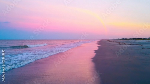 Vibrant Rainbow Over Sandy Beach at Dusk