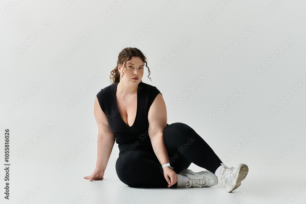 Fototapeta premium A stylish plus size woman confidently poses against a light backdrop.