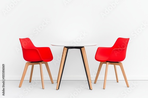 The 3D rendering shows a modern conference room with red chairs and empty walls.