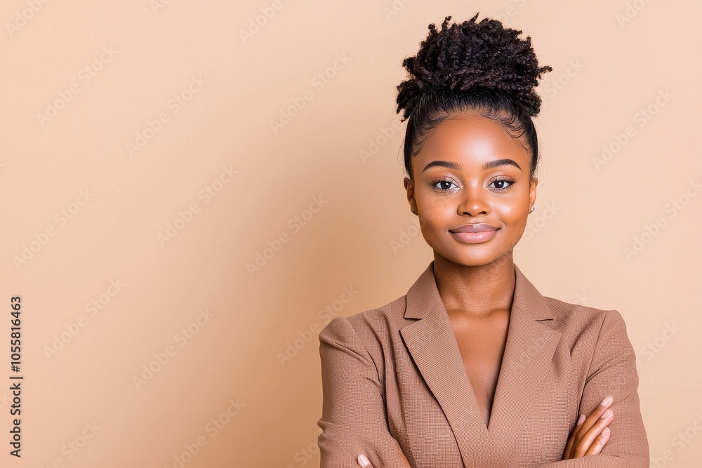 Black woman in suit poses confidently with a neutral background in a portrait Black woman in suit poses confidently with a neutral background in a portrait